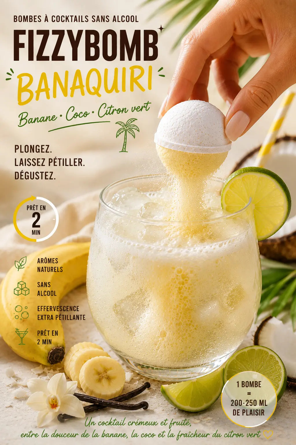 Bombe à cocktail banane , coco et citron vert sans alcool