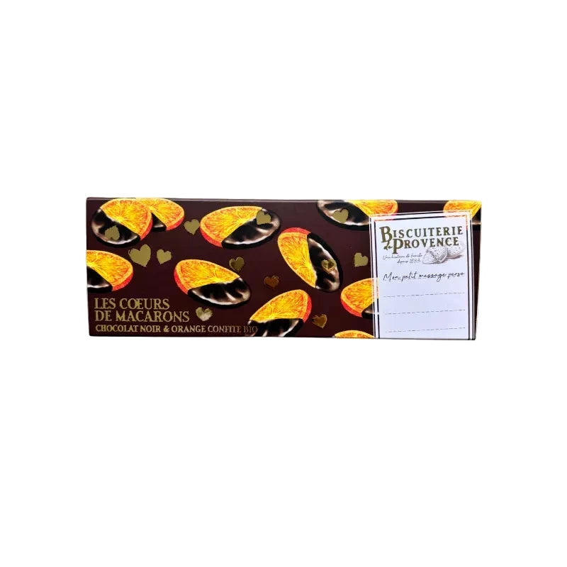 Coeurs de macarons chocolat noir oranges confites, sans gluten et bio
