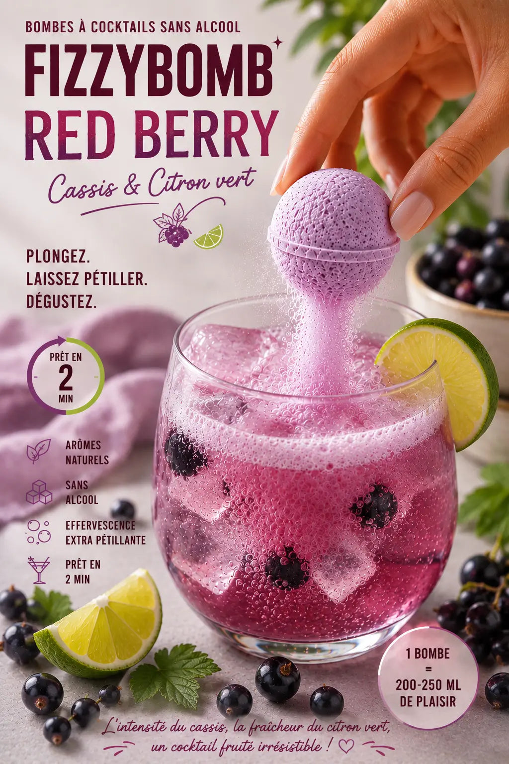 bombe à cocktail cassis et citron vert sans alcool