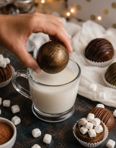 Bombe de chocolat chaud garnie de guimauves – Chocolat Noir 70 %