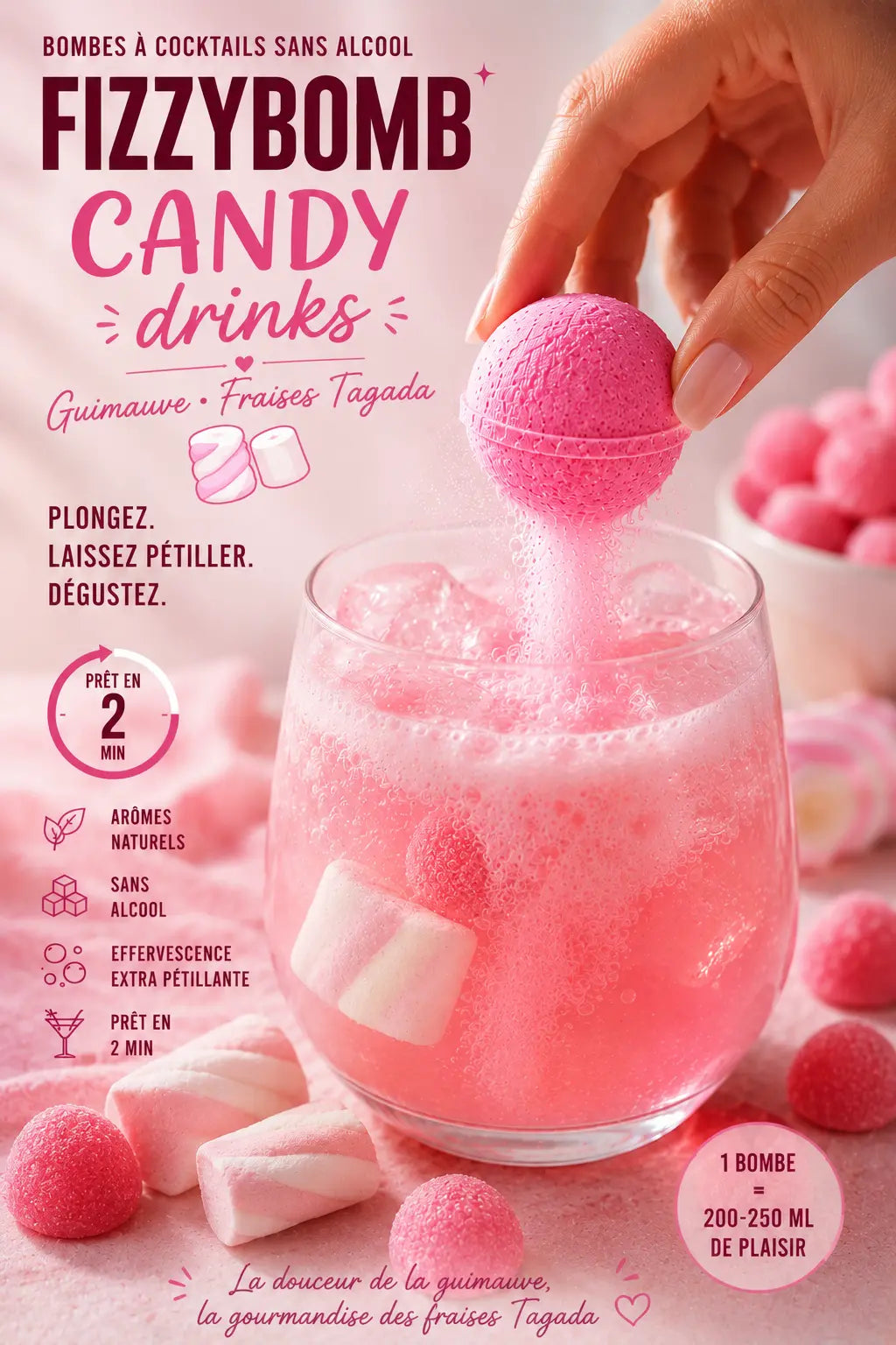 Bombe à cocktail guimauve et fraise tagada sans alcool
