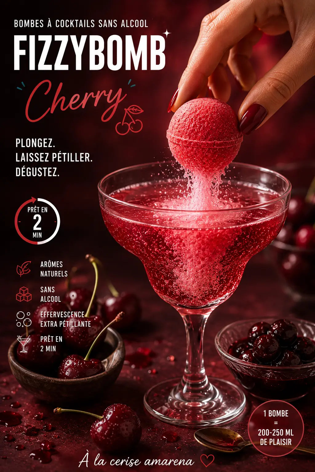 Bombe à cocktail sans alcool cerise , amande