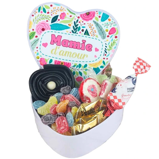 Coffret bonbons rétro coeur - Mamie d'amour