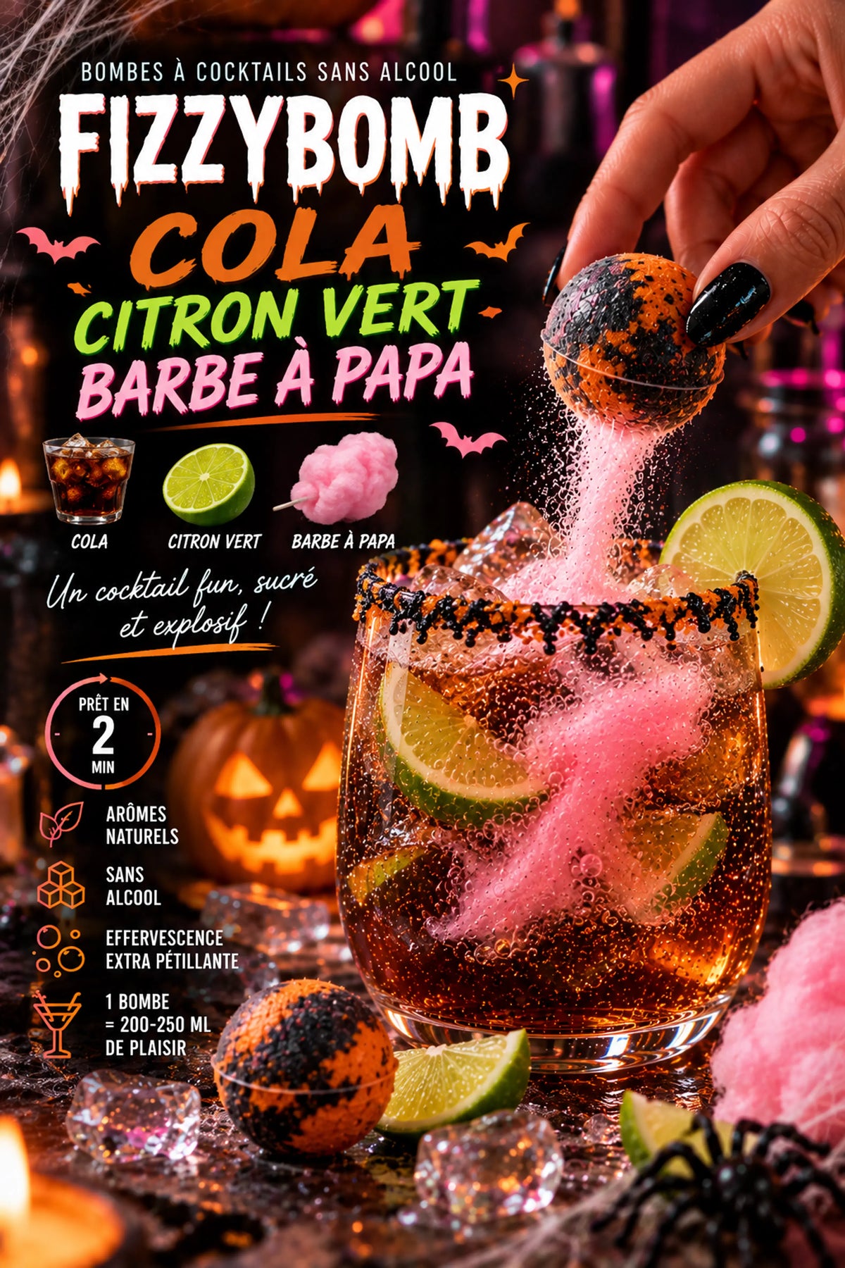 Bombe à cocktail sans alcool COLA – CITRON VERT – BARBE À PAPA