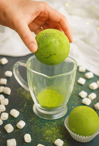 Bombe de chocolat chaud garnie de guimauves – Saveur Matcha