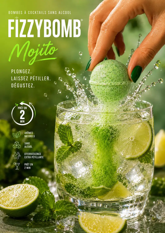 Bombe à cocktail citron vert , menthe verte et rhum sans alcool )