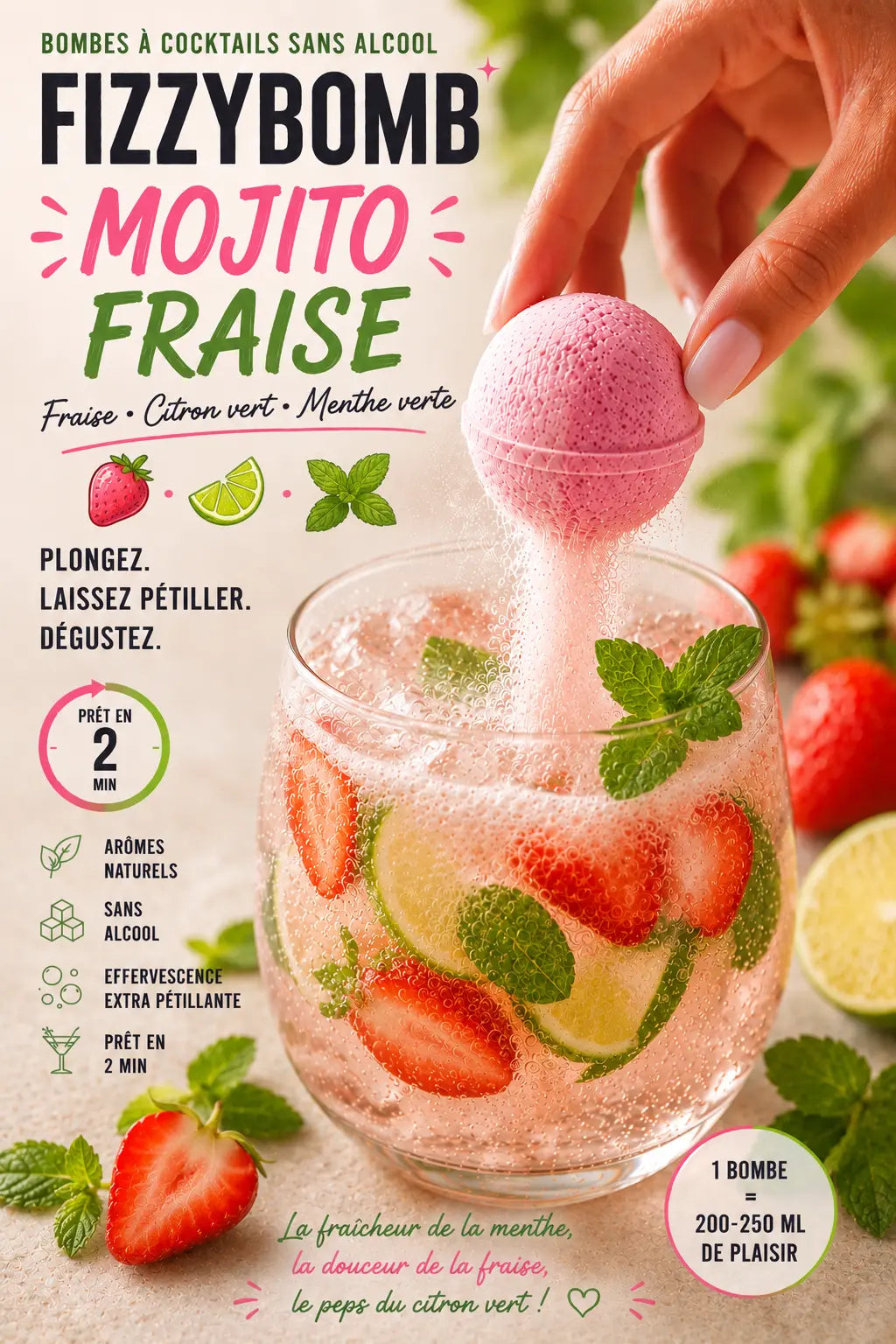Bombe à cocktail fraise, citron vert , menthe verte et rhum sans alcool
