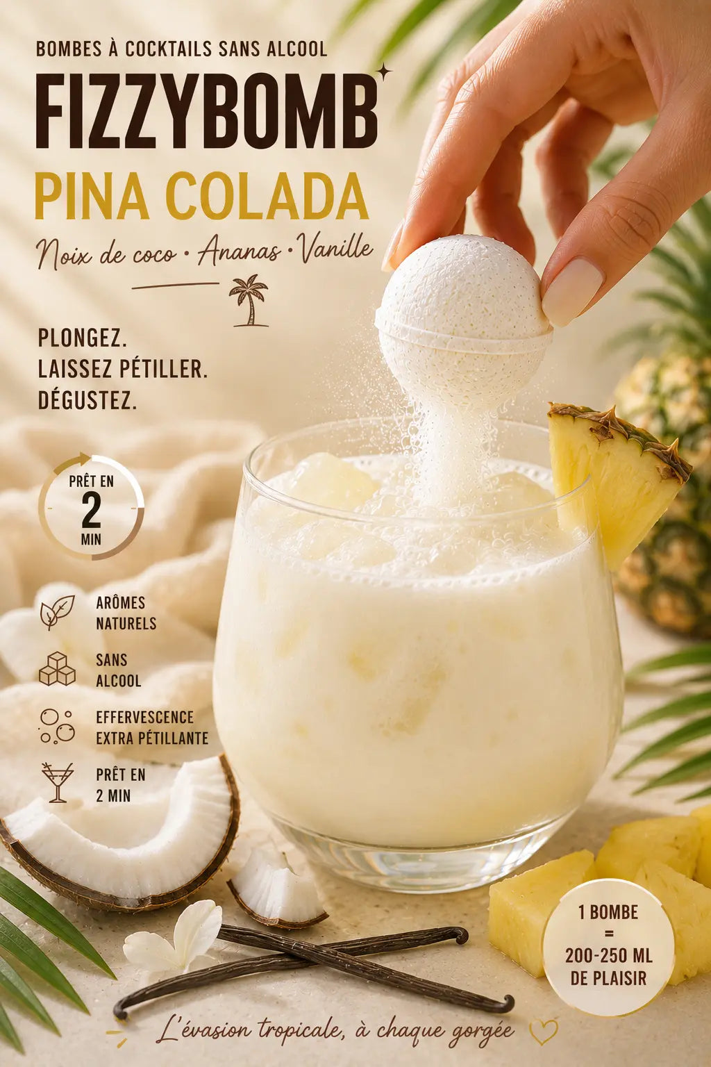 Bombe à cocktail sans alcool ananas , coco et vanille